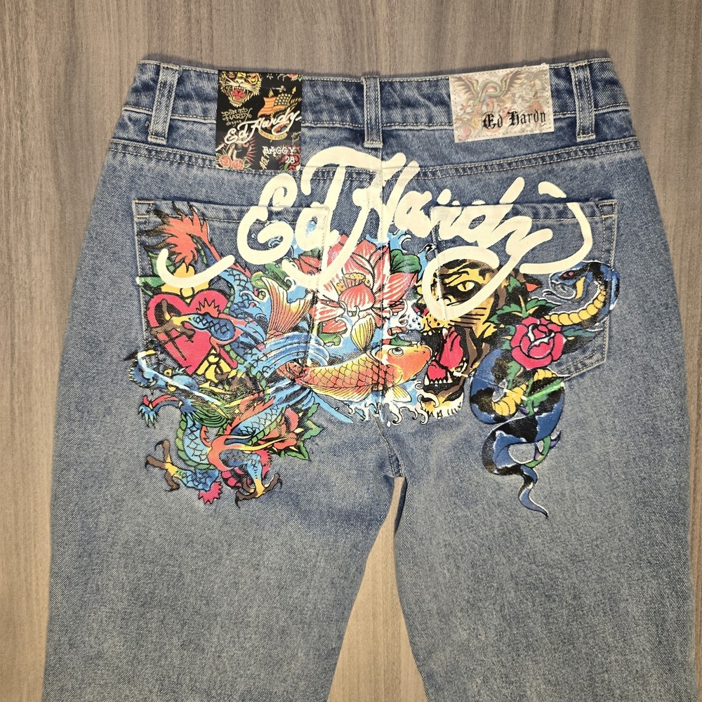 NWT Ed Hardy Tattoo Art Graphic Baggy Jeans Y2K Streetwear Dragon Tiger Sz 28